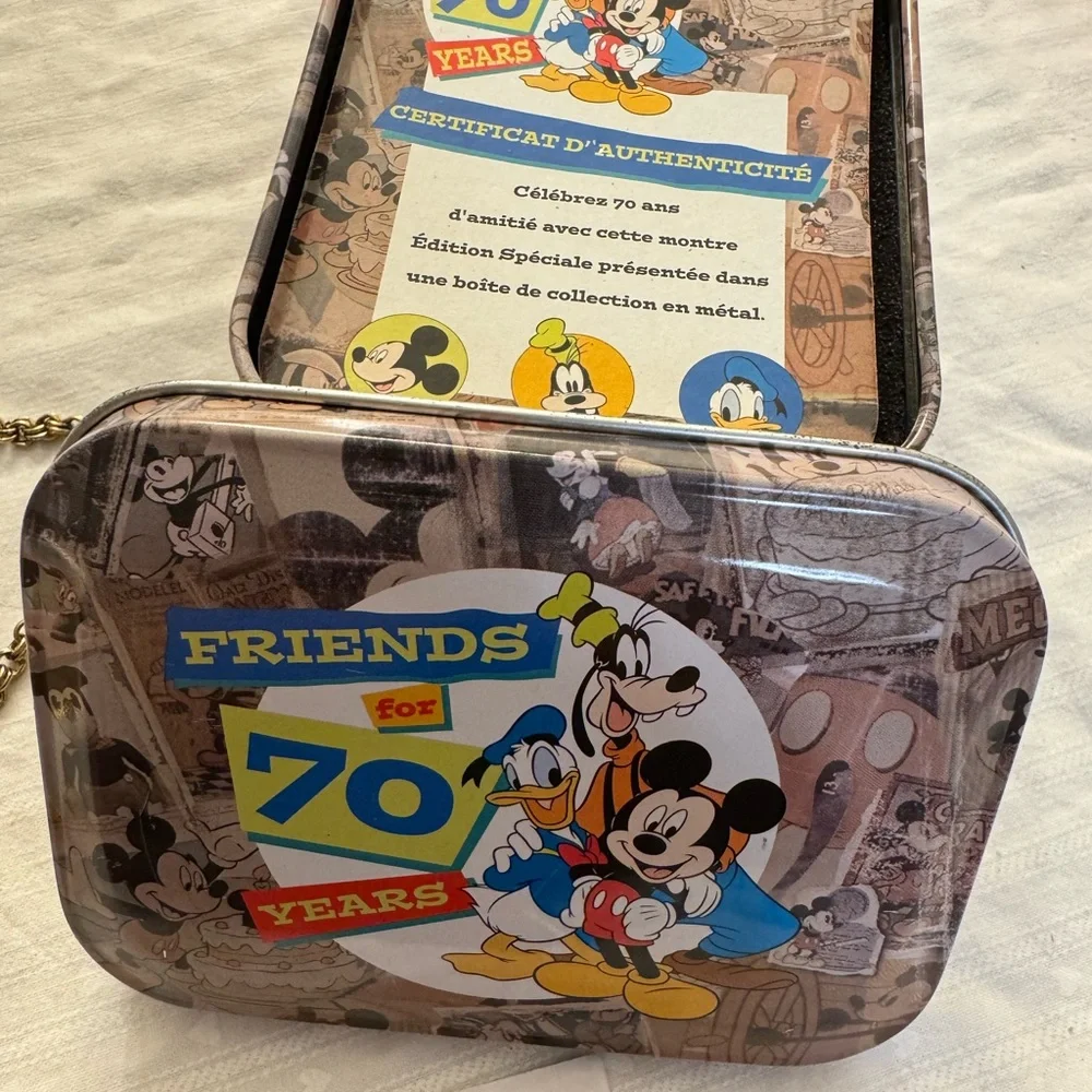 Disney Friends for 70 Years Watch and Tin timepiece gold tone on 7” chain 1998